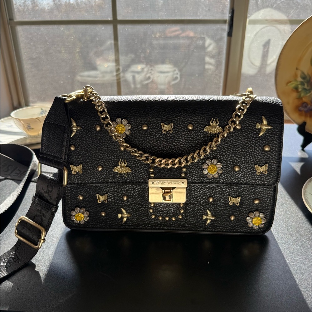 Betsey Johnson Black Faux Leather Crossbody Bag with Gold Accents